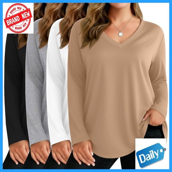 Tops - Plus Size Long Sleeve V-Neck Tunic Tops 4-Pack Loose Fit Basic Tees